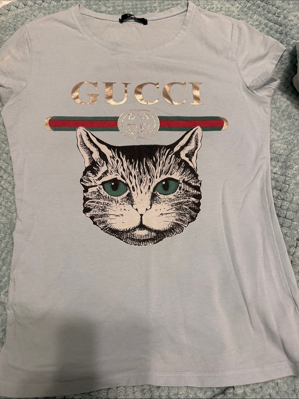Gucci Light Blue Cat Graphic Tee with Gold Lettering